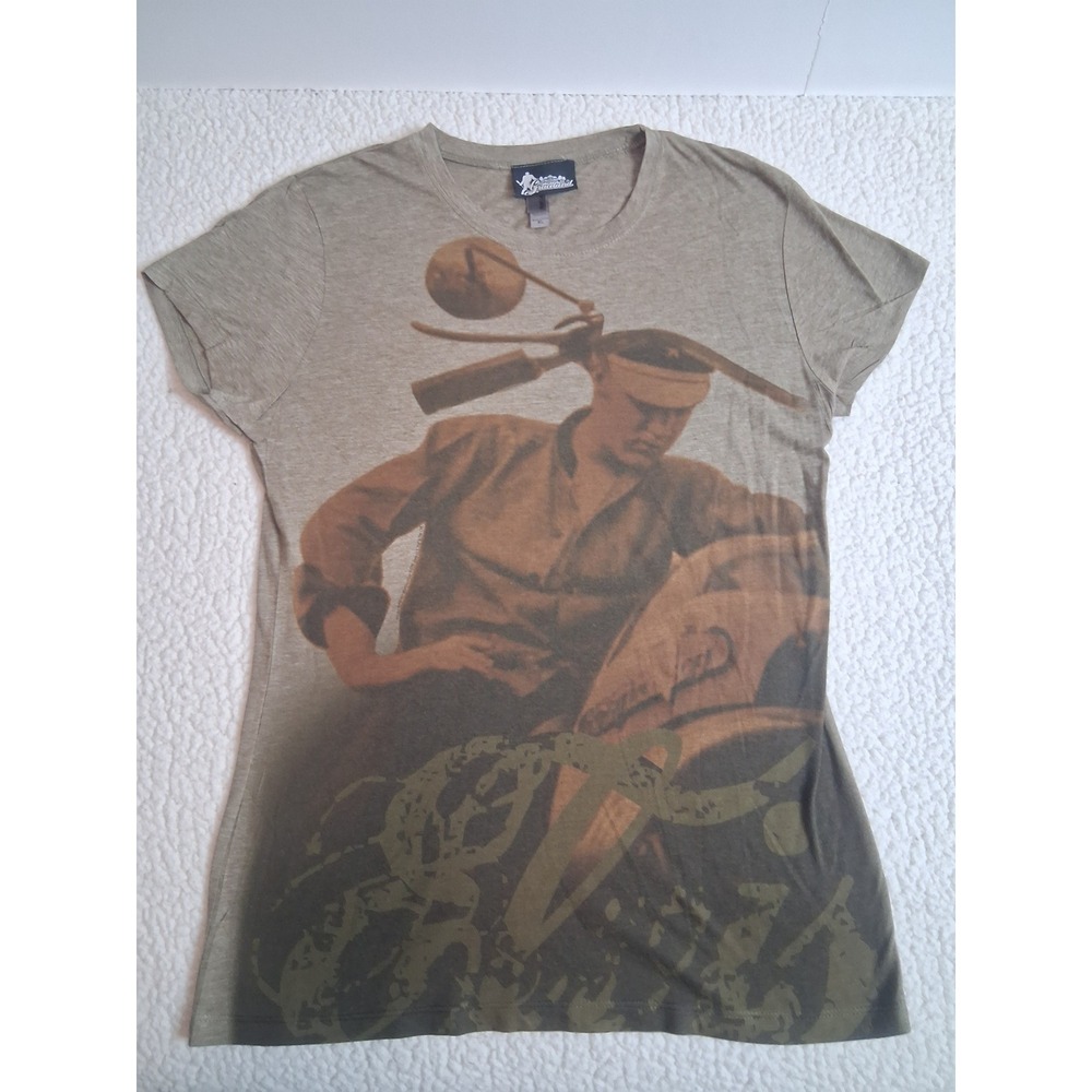 Graceland Elvis Presley Motorcycle Graphic Tee Olive Green XL Women